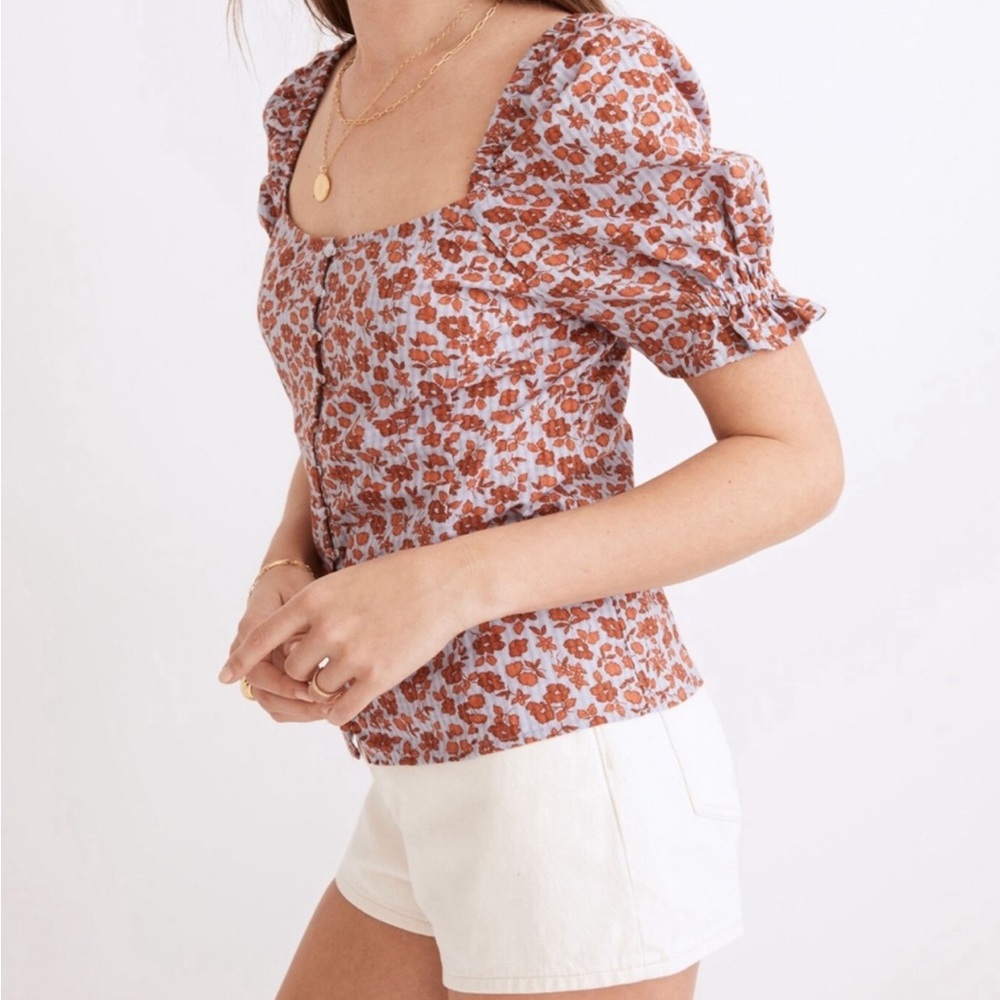 Madewell Button Front Smocked Back Top Piccola Floral Rust Orange & Blue, Size 8